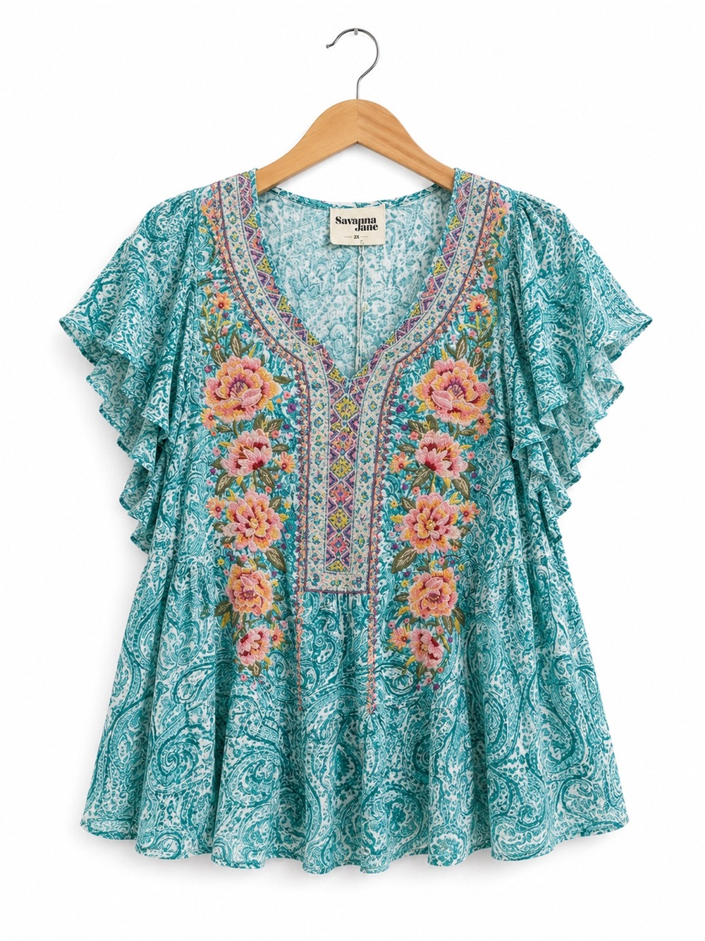 Savanna Jane Teal Paisley Floral Embroidered V-Neck Flutter Sleeve Tunic